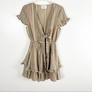 MORGAN CLAIRE Anthea Linen Blend Striped Bow Tie Ruffled Hem Lined Dress Small